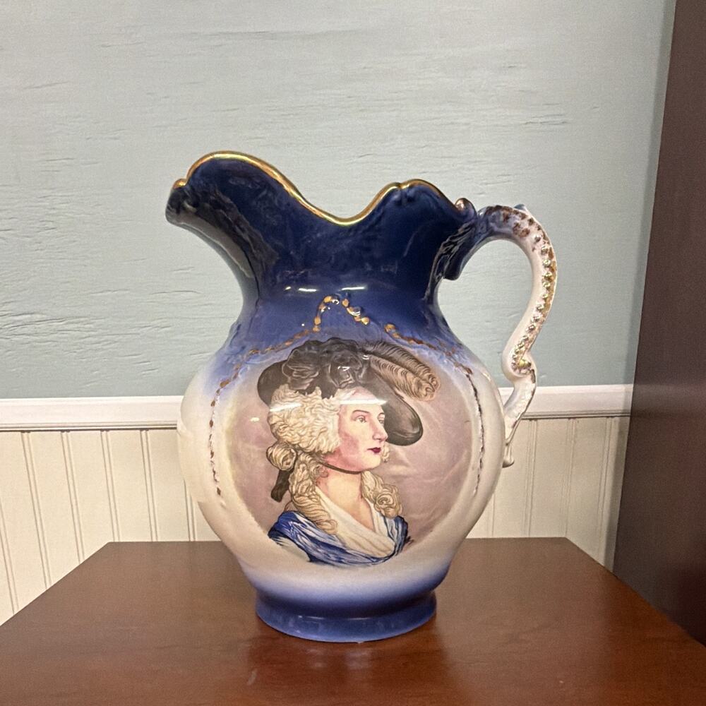 Vintage Blue White Transferware Wash Stand Large Pitcher